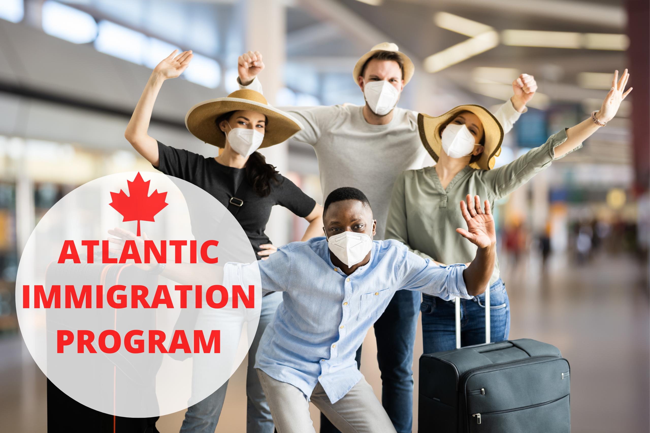 Atlantic Immigration Program - 2 men and 2 women happily posing for a photo with their luggage in an airport