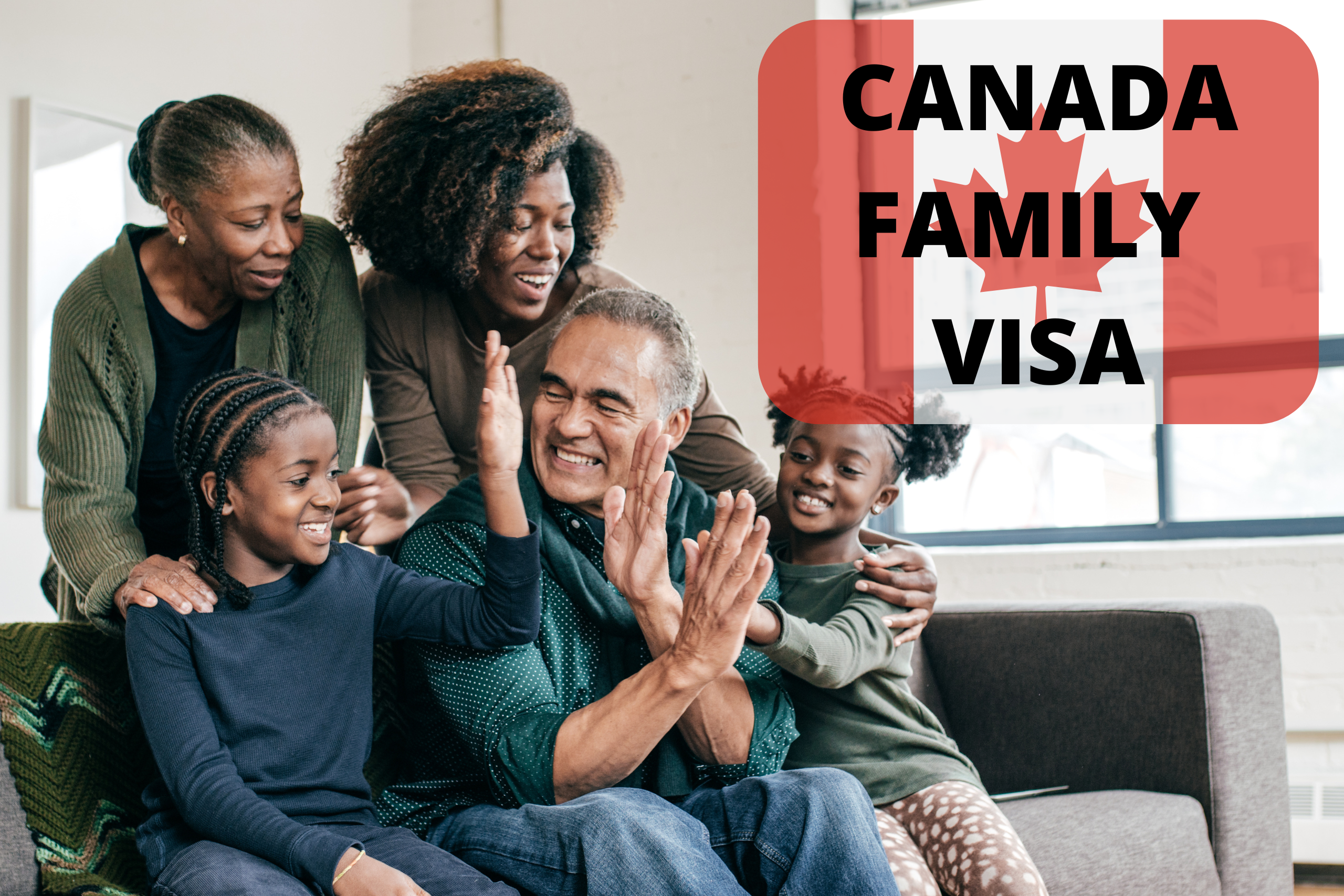 Canada family visa - a smiling family of 5. A grandmum, grandad 2 little girls and a young woman make up the family.